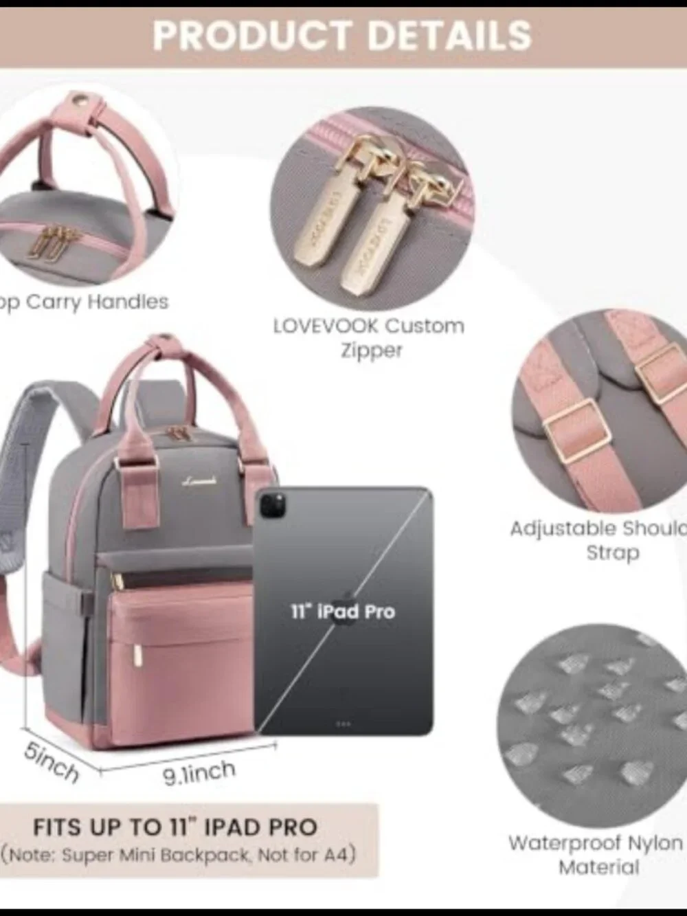LOVEVOOK Mini Backpack Waterproof Nylon USB Port Small Bookbag for College